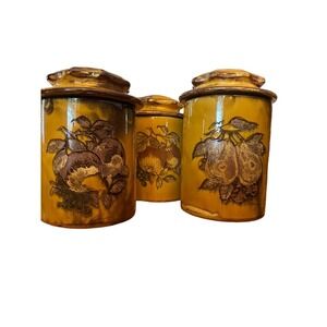 Set of 3 Vtg 1960s MCM Glazed Ceramic‎ Kitchen Canisters: Mustard Yellow w/Fruit